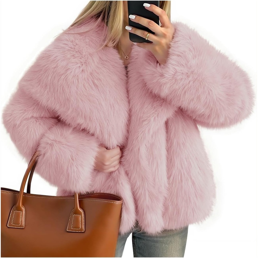 image:imageKissonic Women Faux Fur Coat Lapel Collar Shaggy Warm Short Fluffy Jacket Long Sleeve Snap Button Open Front Solid Color Fuzzy Ladies Outerwear Winter Luxury OutfitsPink