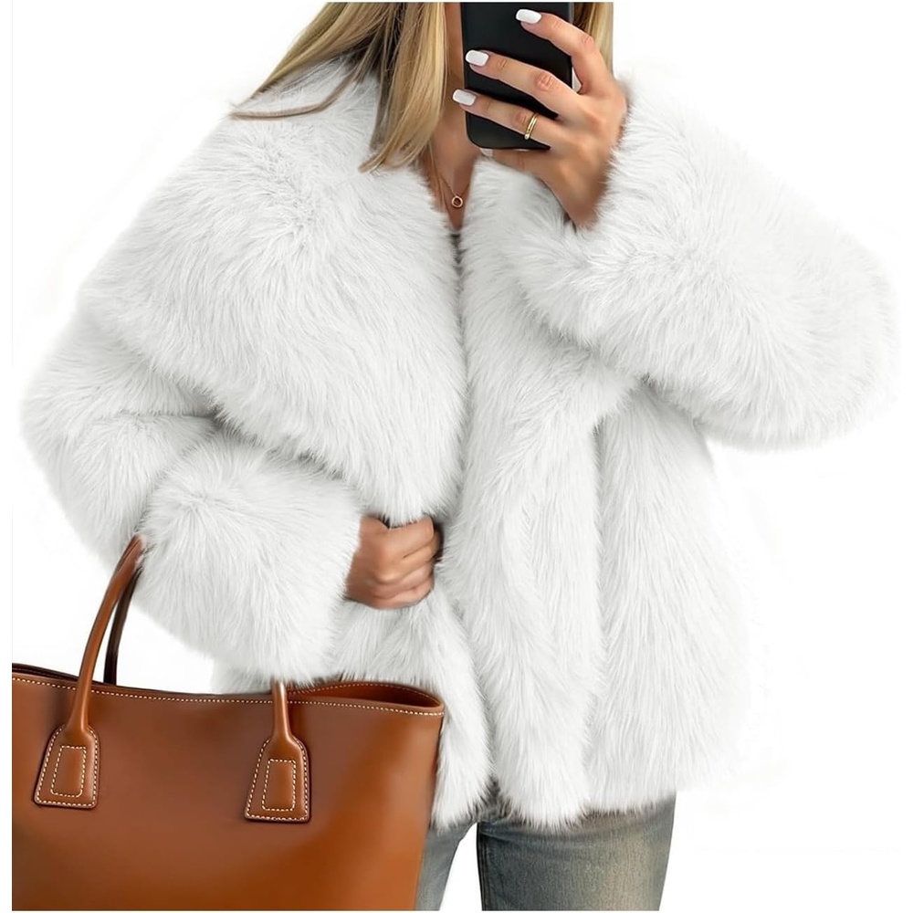 image:imageKissonic Women Faux Fur Coat Lapel Collar Shaggy Warm Short Fluffy Jacket Long Sleeve Snap Button Open Front Solid Color Fuzzy Ladies Outerwear Winter Luxury OutfitsWhite