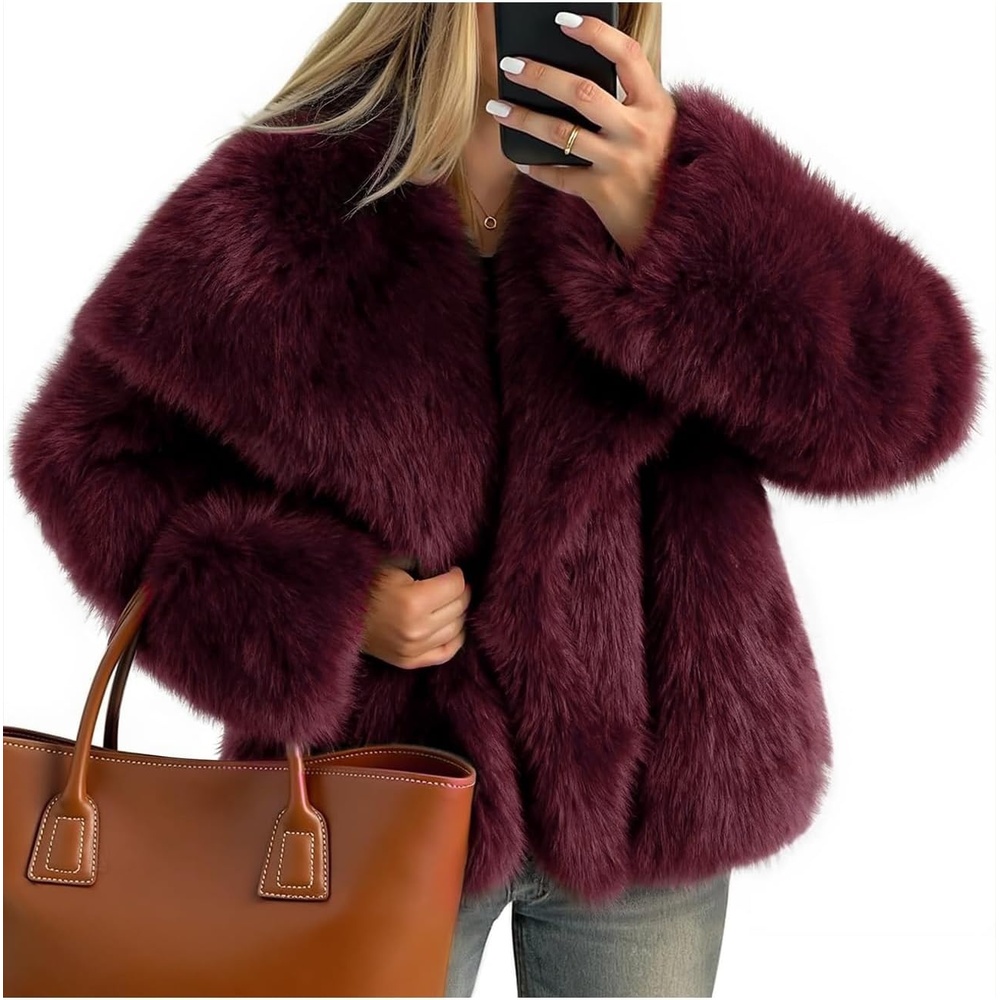 image:imageKissonic Women Faux Fur Coat Lapel Collar Shaggy Warm Short Fluffy Jacket Long Sleeve Snap Button Open Front Solid Color Fuzzy Ladies Outerwear Winter Luxury OutfitsWinered