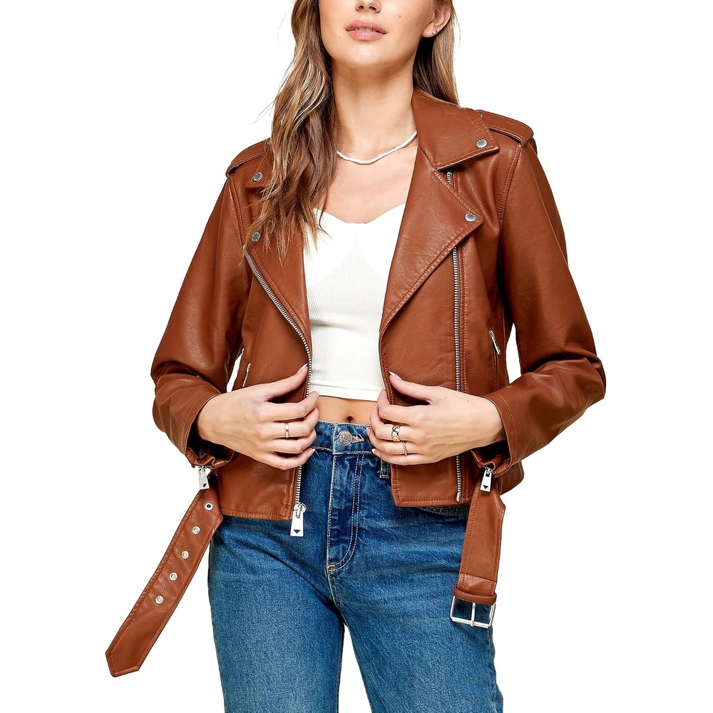 image:imageMBJ Womens Faux Leather Zip Up Moto Biker Jacket With Stitching DetaiLWjc1849camel