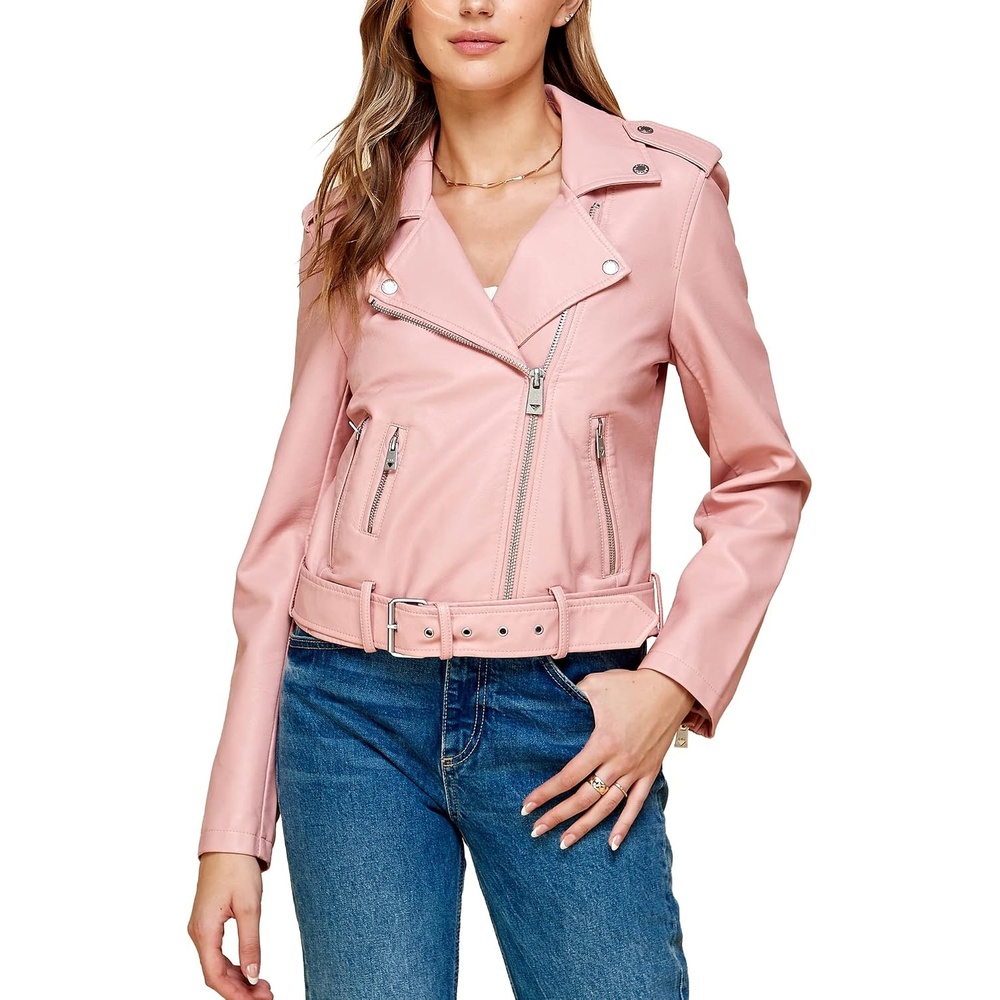 image:imageMBJ Womens Faux Leather Zip Up Moto Biker Jacket With Stitching DetaiLWjc1849pink