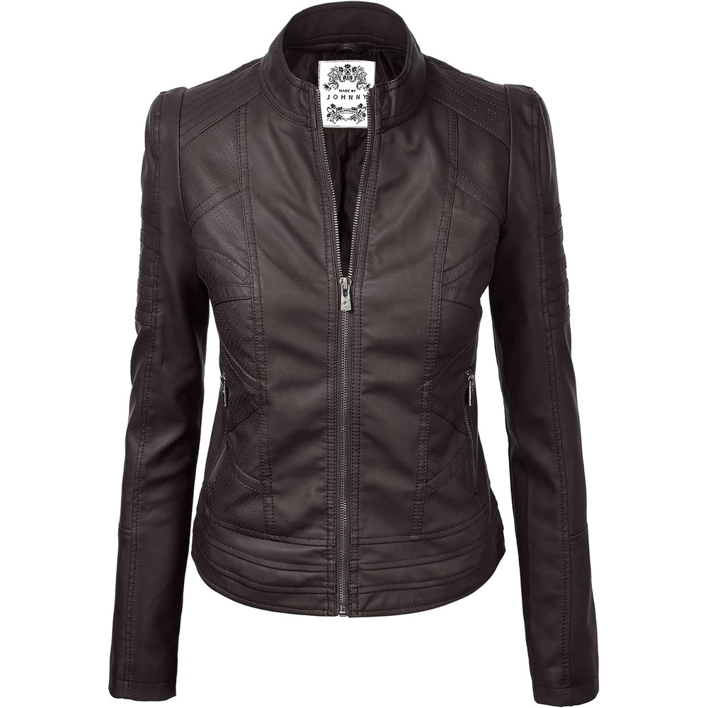 image:imageMBJ Womens Faux Leather Zip Up Moto Biker Jacket With Stitching DetaiLWjc746coffee