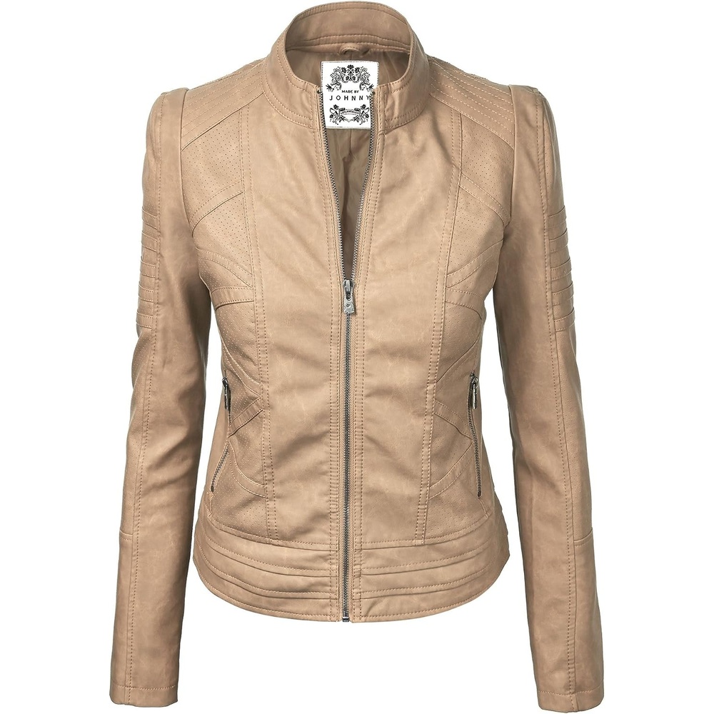 image:imageMBJ Womens Faux Leather Zip Up Moto Biker Jacket With Stitching DetaiLWjc746khaki