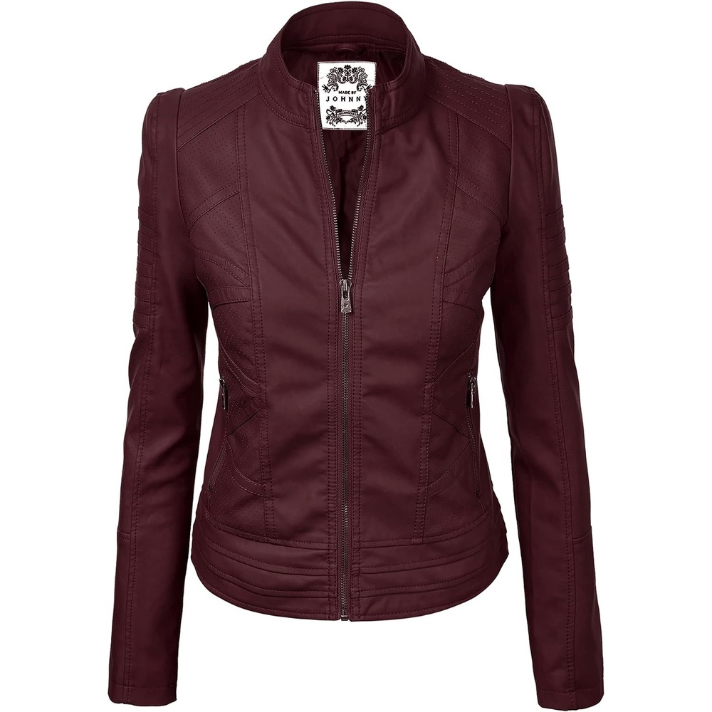 image:imageMBJ Womens Faux Leather Zip Up Moto Biker Jacket With Stitching DetaiLWjc746wine