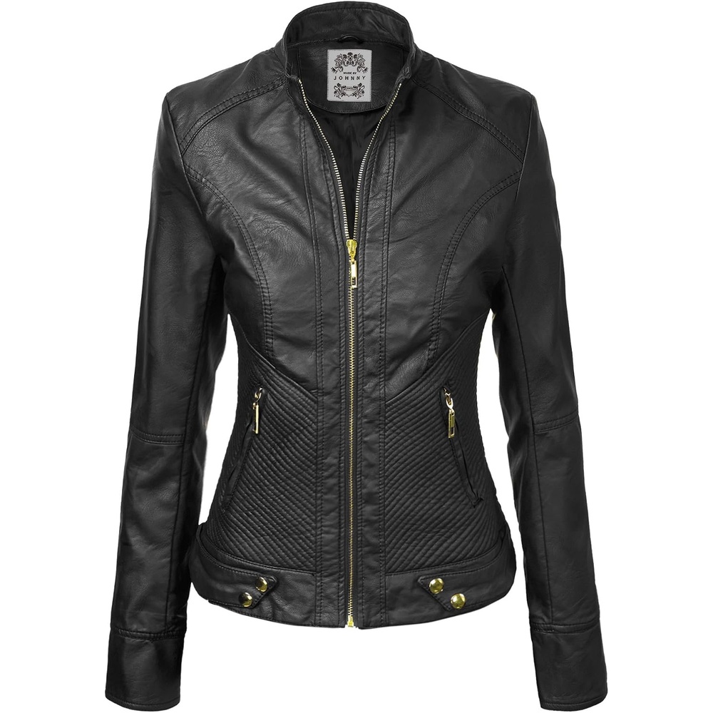 image:imageMBJ Womens Faux Leather Zip Up Moto Biker Jacket With Stitching DetaiLWjc747black