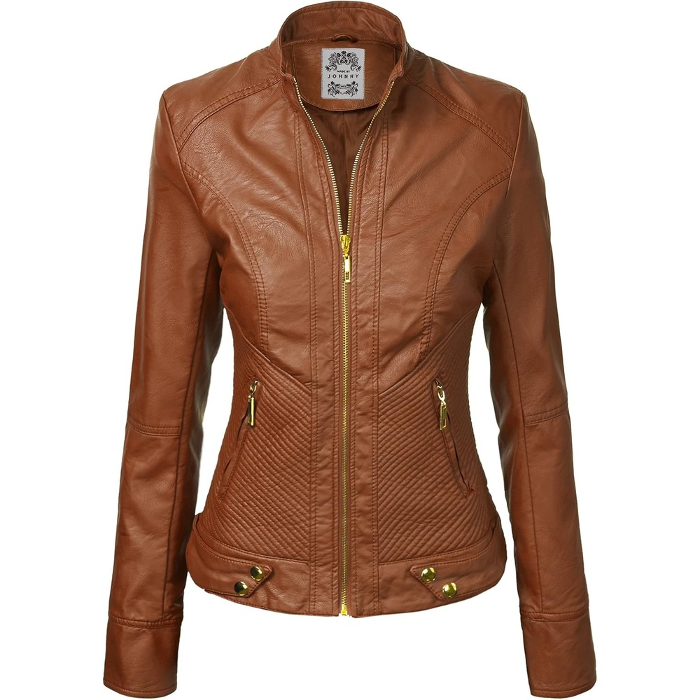 image:imageMBJ Womens Faux Leather Zip Up Moto Biker Jacket With Stitching DetaiLWjc747camel
