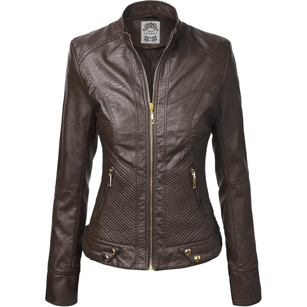image:imageMBJ Womens Faux Leather Zip Up Moto Biker Jacket With Stitching DetaiLWjc747coffee