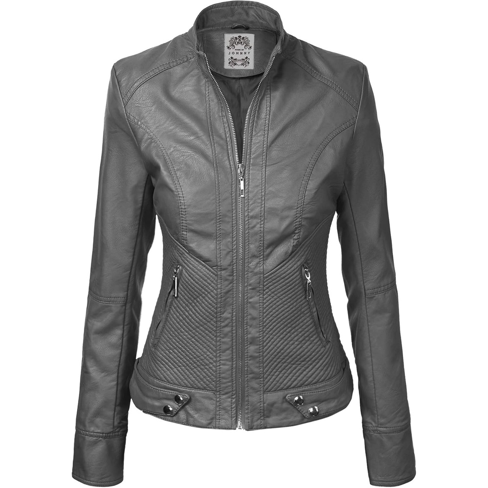 image:imageMBJ Womens Faux Leather Zip Up Moto Biker Jacket With Stitching DetaiLWjc747grey