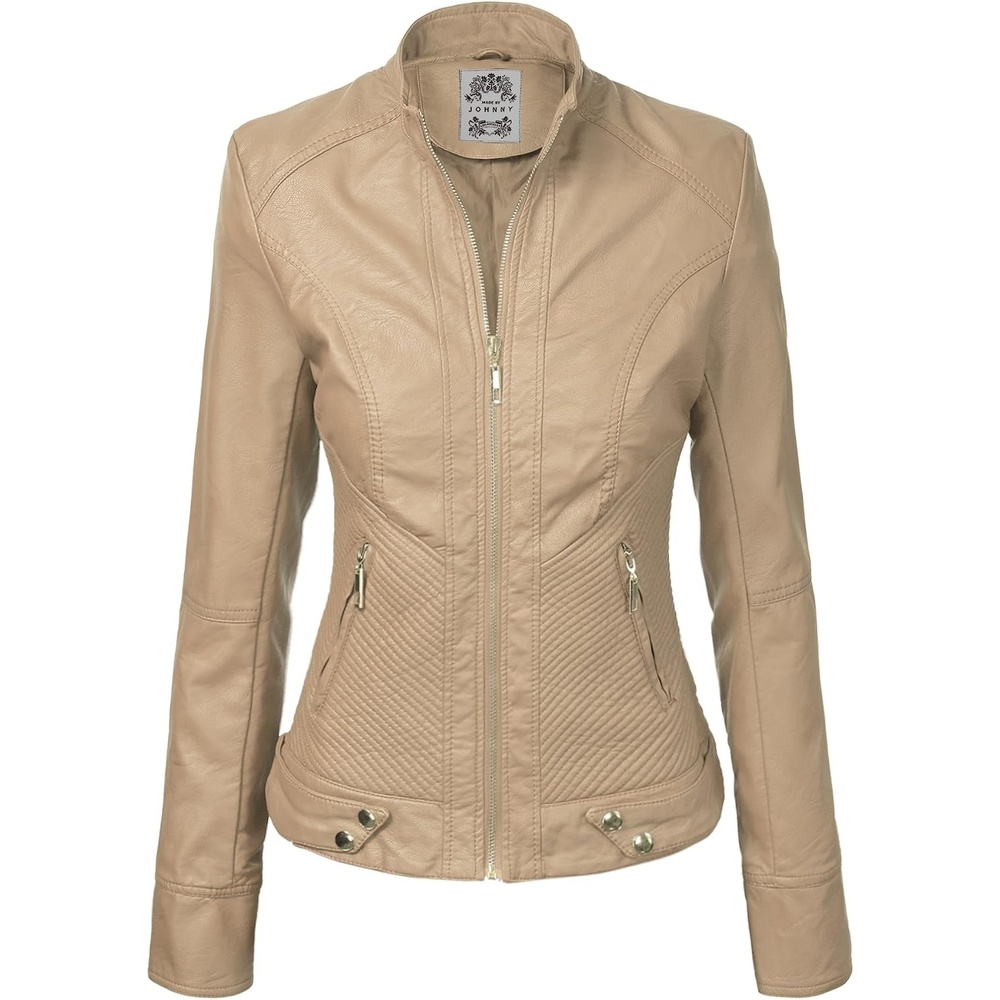 image:imageMBJ Womens Faux Leather Zip Up Moto Biker Jacket With Stitching DetaiLWjc747khaki