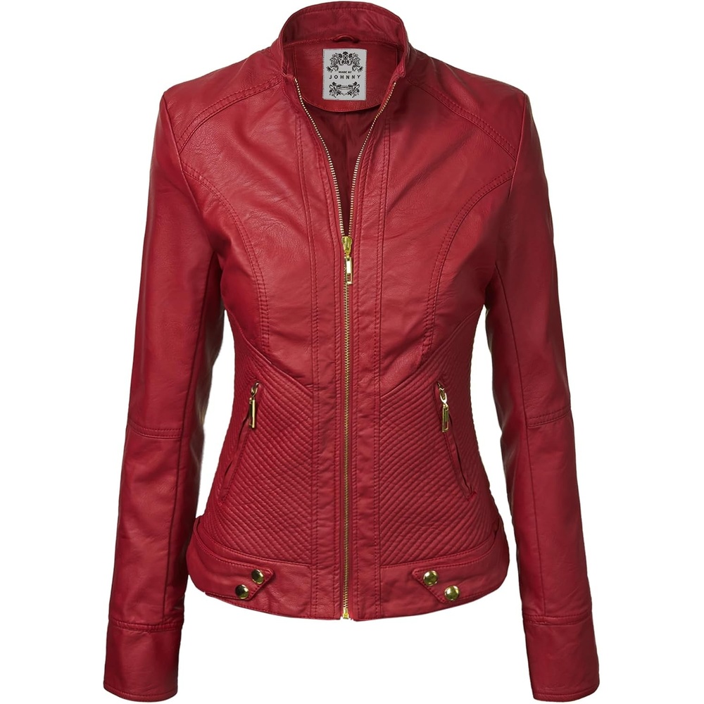 image:imageMBJ Womens Faux Leather Zip Up Moto Biker Jacket With Stitching DetaiLWjc747red