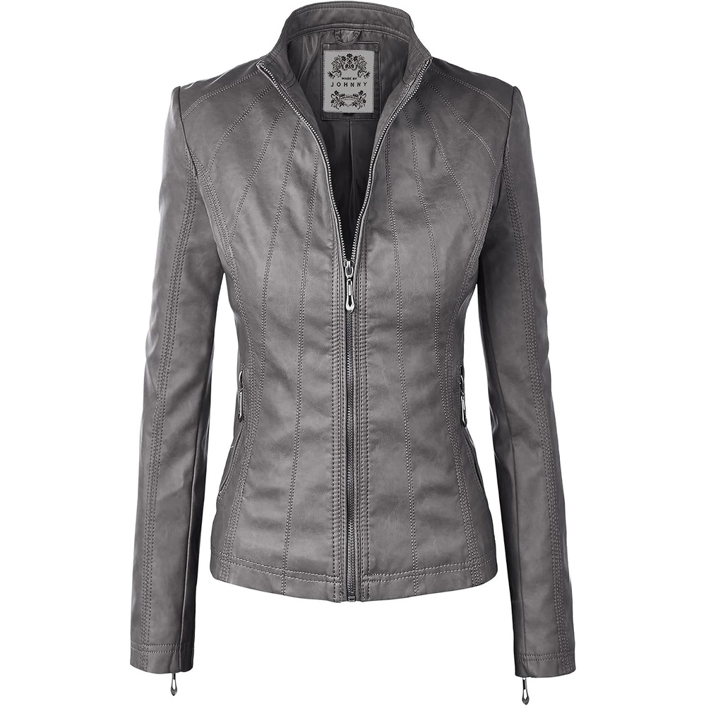 image:imageMBJ Womens Faux Leather Zip Up Moto Biker Jacket With Stitching DetaiLWjc877grey