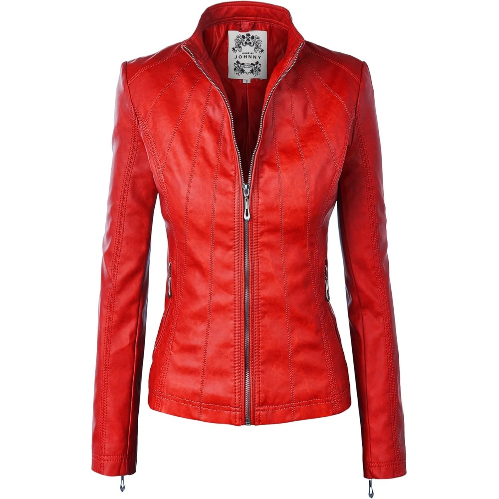 image:imageMBJ Womens Faux Leather Zip Up Moto Biker Jacket With Stitching DetaiLWjc877red