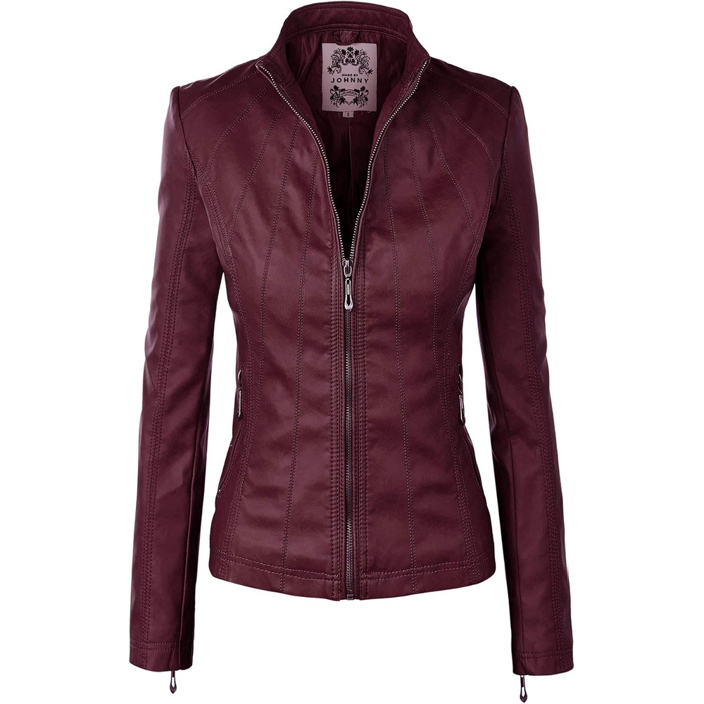 image:imageMBJ Womens Faux Leather Zip Up Moto Biker Jacket With Stitching DetaiLWjc877wine
