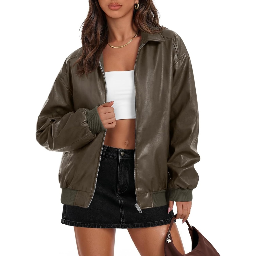 image:imageMEROKEETY Womens Fall Winter Oversized Faux Leather Bomber Jacket Coat 2026 Zip Up Long Sleeves Loose Solid Medium weight Motorcycle Jackets Trendy Boyfriend Style Fashion Outfit ClothesArmygreen