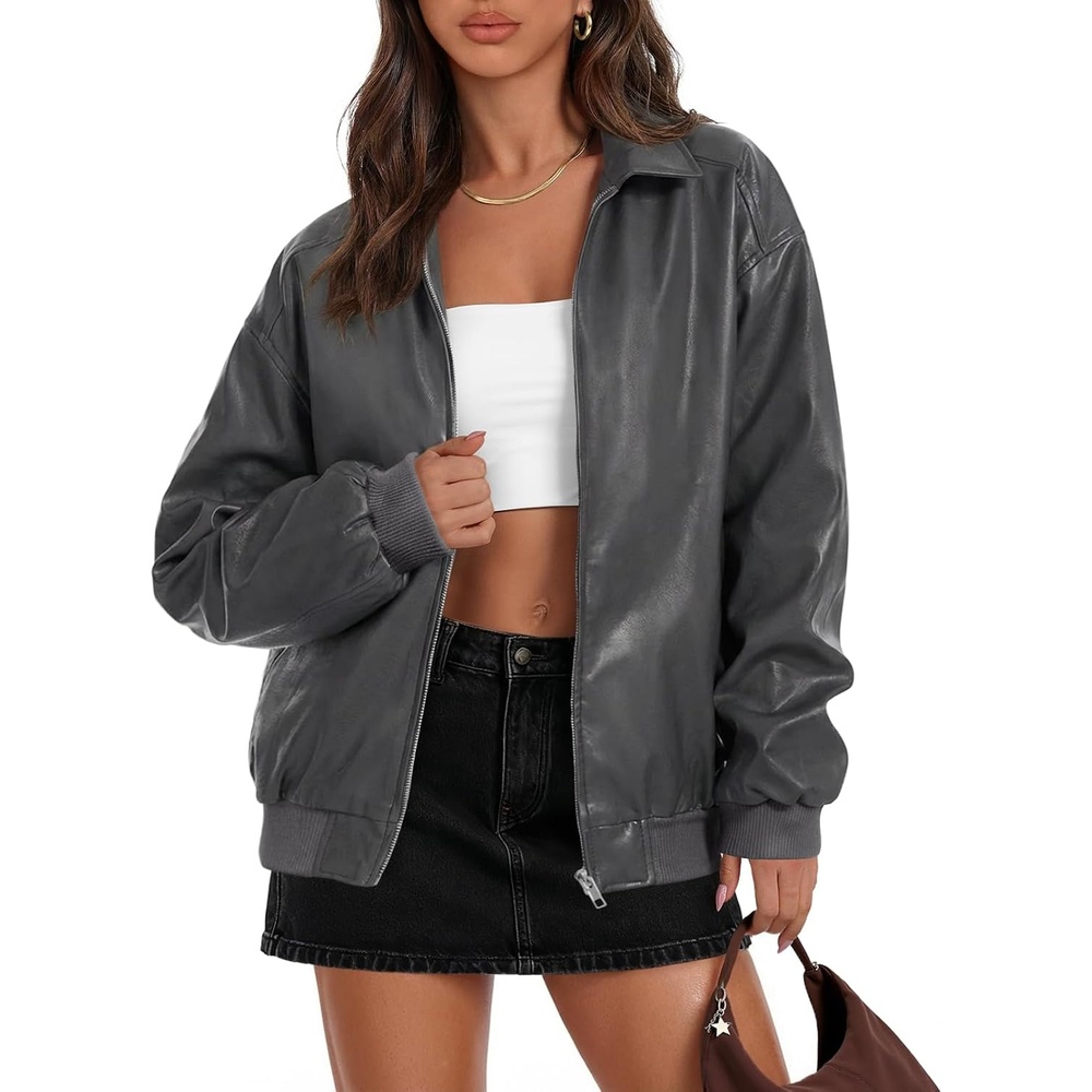 image:imageMEROKEETY Womens Fall Winter Oversized Faux Leather Bomber Jacket Coat 2026 Zip Up Long Sleeves Loose Solid Medium weight Motorcycle Jackets Trendy Boyfriend Style Fashion Outfit ClothesGrey
