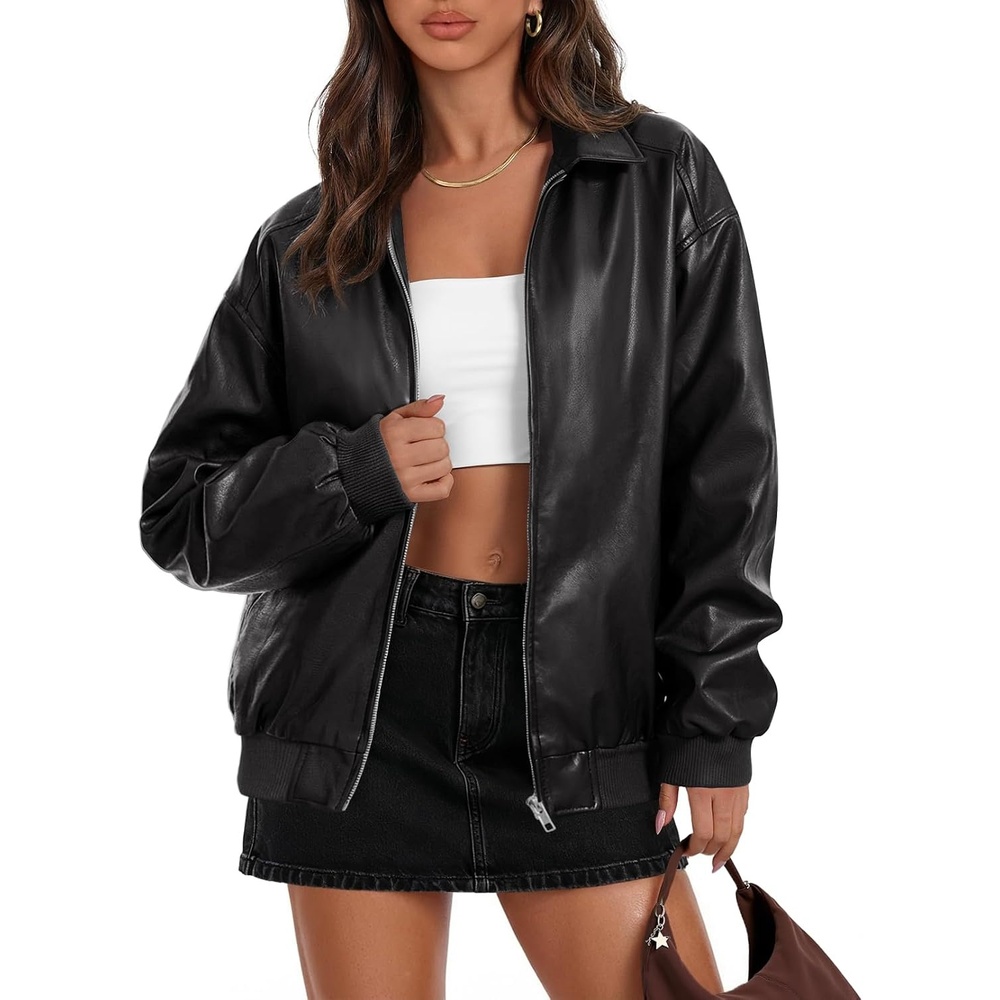 image:imageMEROKEETY Womens Fall Winter Oversized Faux Leather Bomber Jacket Coat 2026 Zip Up Long Sleeves Loose Solid Medium weight Motorcycle Jackets Trendy Boyfriend Style Fashion Outfit ClothesBlack