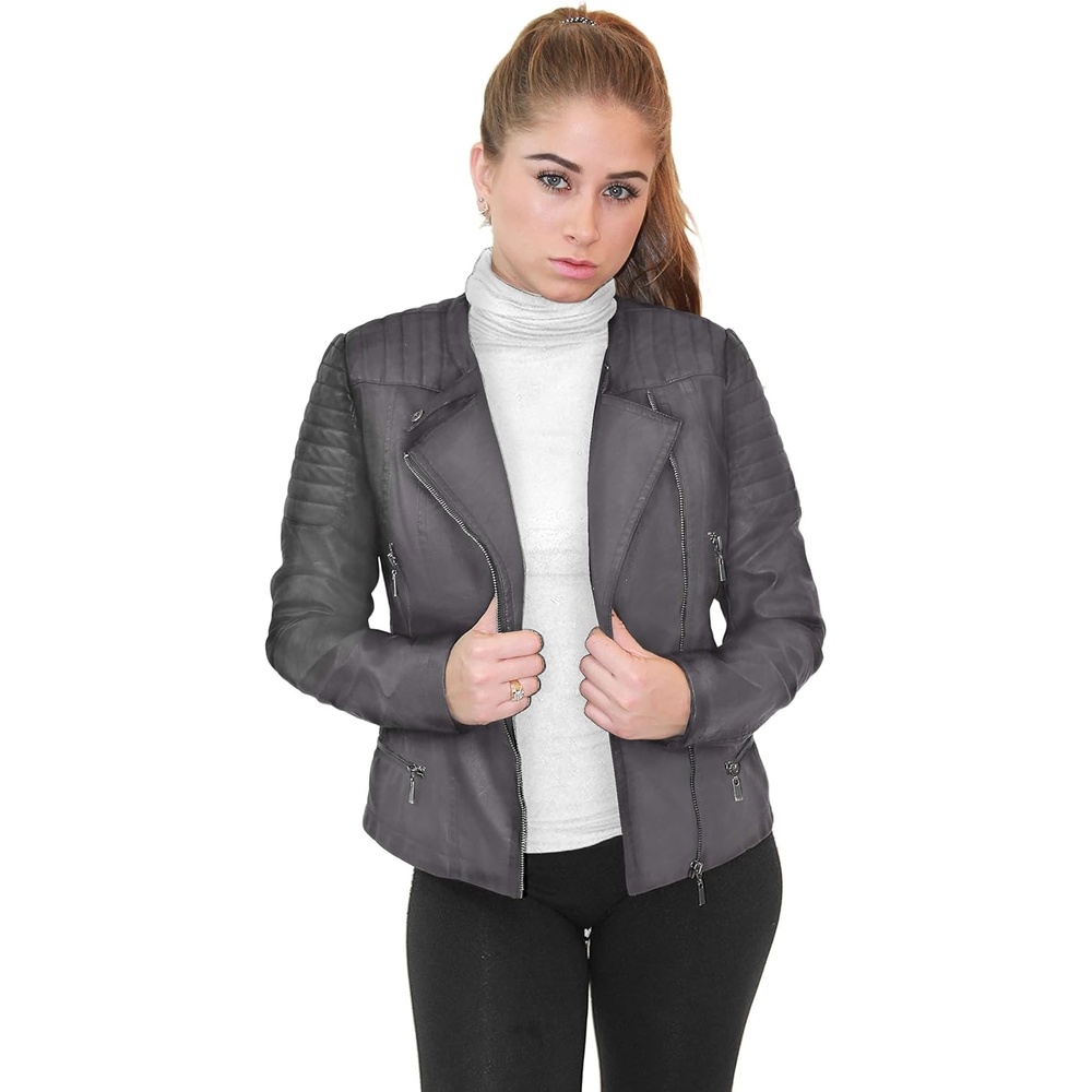 image:imageOlivia Miller Womens Faux Leather Moto Jacket Zipup closure faux leather material biker moto style slim fit suitable for casual wear and outingsGrey