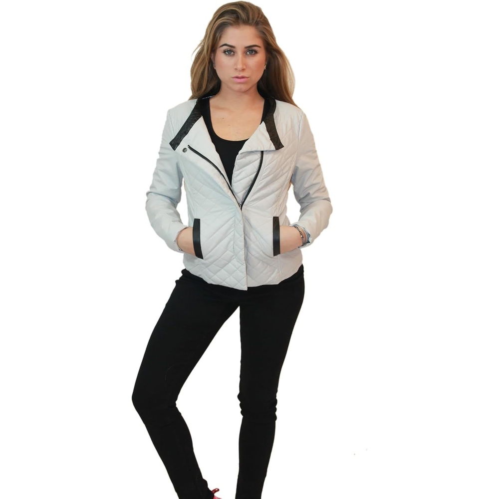 image:imageOlivia Miller Womens Faux Leather Moto Jacket Zipup closure faux leather material biker moto style slim fit suitable for casual wear and outingsOffwhite