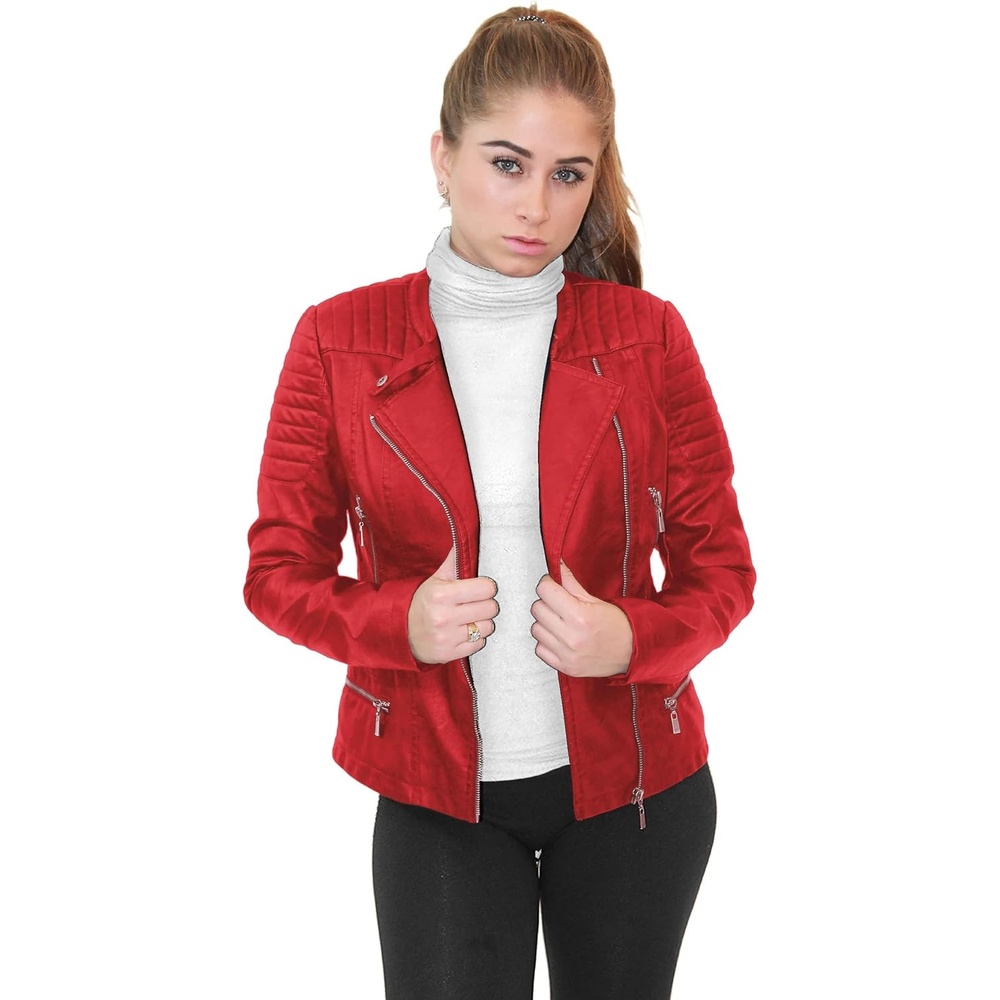 image:imageOlivia Miller Womens Faux Leather Moto Jacket Zipup closure faux leather material biker moto style slim fit suitable for casual wear and outingsRed