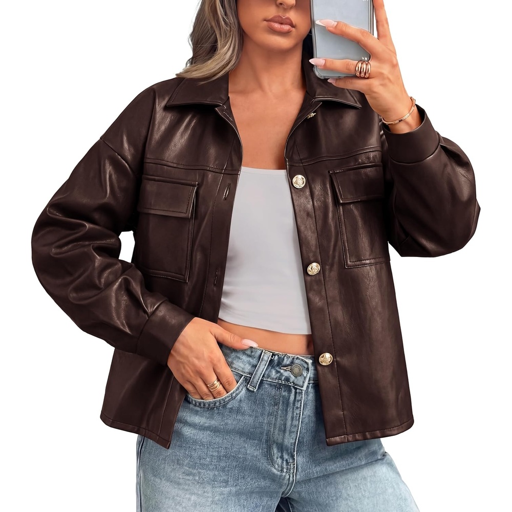 image:imagePRETTYGADEN Womens Button Down Faux Leather Jacket Fall Fashion Turn Down Collar Winter Coats Patch Pockets Motorcycle Bomber Jackets Casual Spring Holiday Travel OuterwearBrown