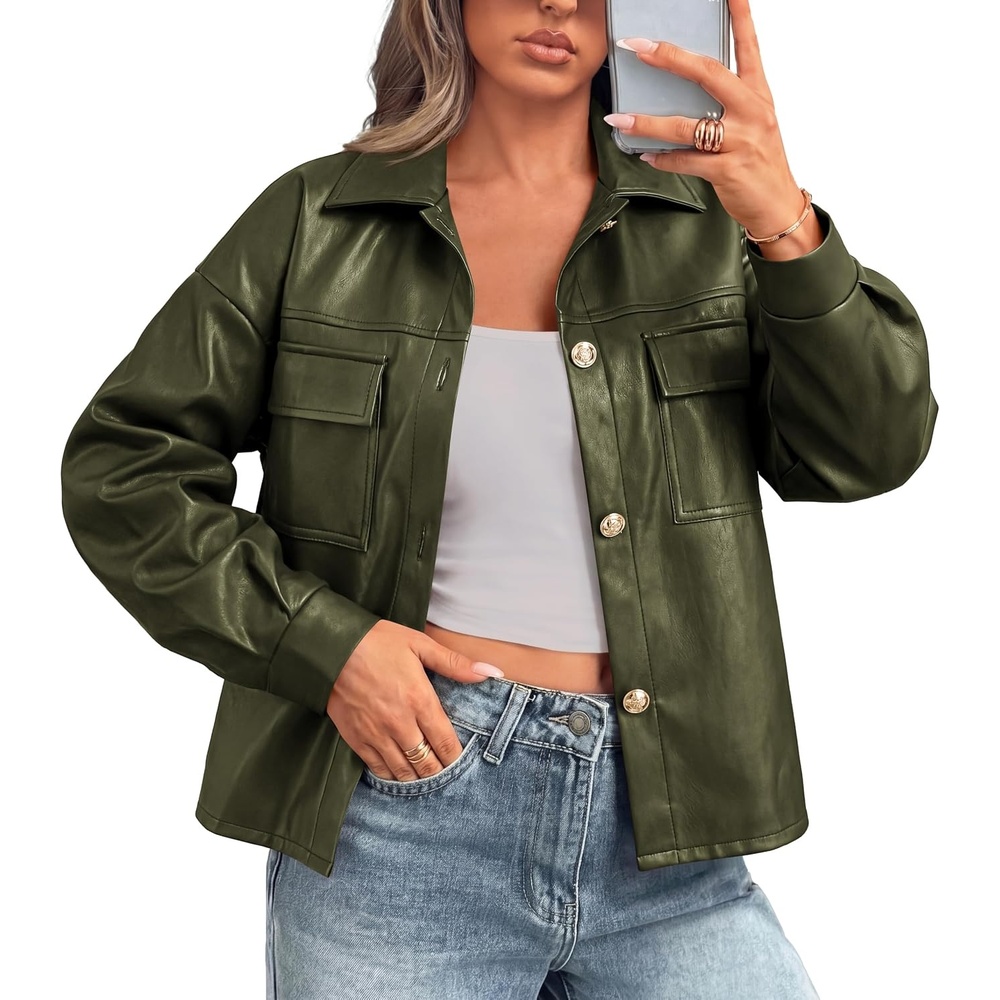 image:imagePRETTYGADEN Womens Button Down Faux Leather Jacket Fall Fashion Turn Down Collar Winter Coats Patch Pockets Motorcycle Bomber Jackets Casual Spring Holiday Travel OuterwearArmy Green