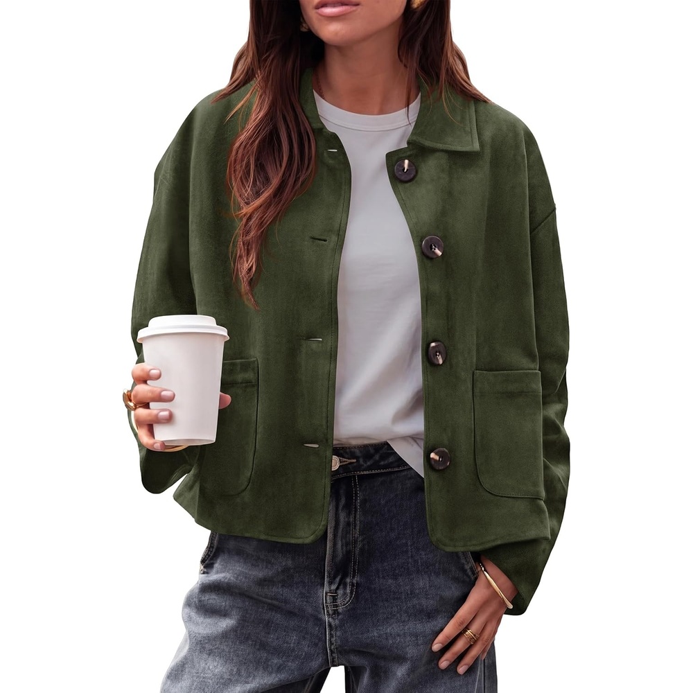 image:imagePRETTYGARDEN Faux Suede Casual Cropped Fall Jacket for Women Trendy 2026 Short Trench Coat Lapel Collar Button Down Jackets with Pocket Business Work Teacher Outfits Fall Winter ClothesArmy Green