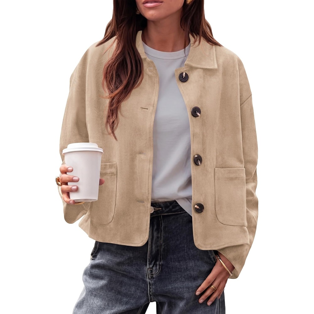 image:imagePRETTYGARDEN Faux Suede Casual Cropped Fall Jacket for Women Trendy 2026 Short Trench Coat Lapel Collar Button Down Jackets with Pocket Business Work Teacher Outfits Fall Winter ClothesApricot