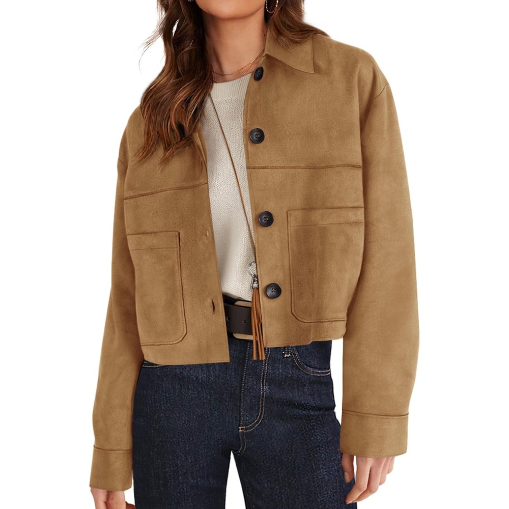 image:imagePRETTYGARDEN Womens Faux Suede Lightweight Cropped Jacket Button Down Collared Shacket Oversized Casual Outerwear Patch Pocket Transitional Layering Piece for Spring Fall amp WinterKhaki