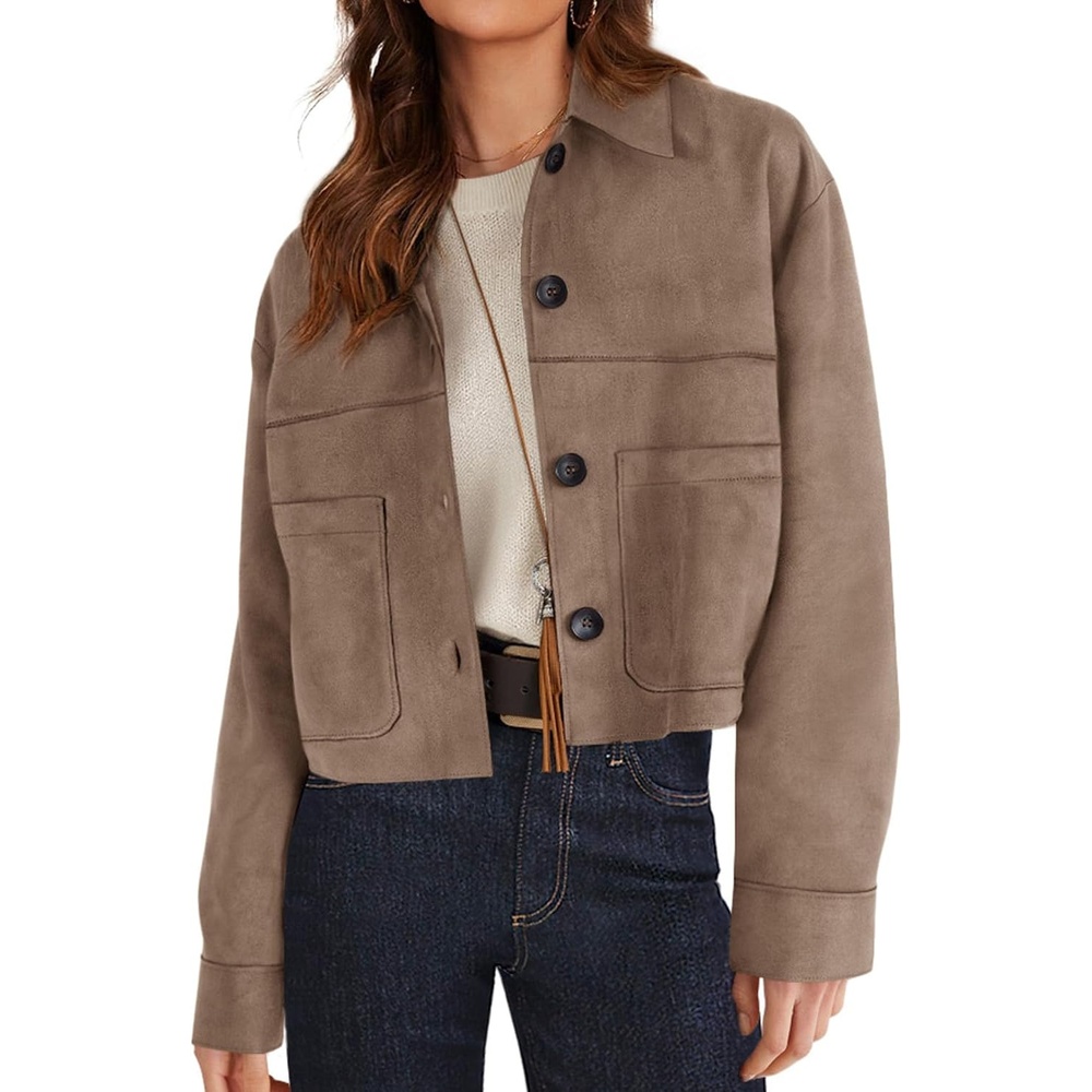 image:imagePRETTYGARDEN Womens Faux Suede Lightweight Cropped Jacket  Button Down Collared Shacket Oversized Casual Outerwear Patch Pocket Transitional Layering Piece for Spring Fall amp WinterGrey Khaki