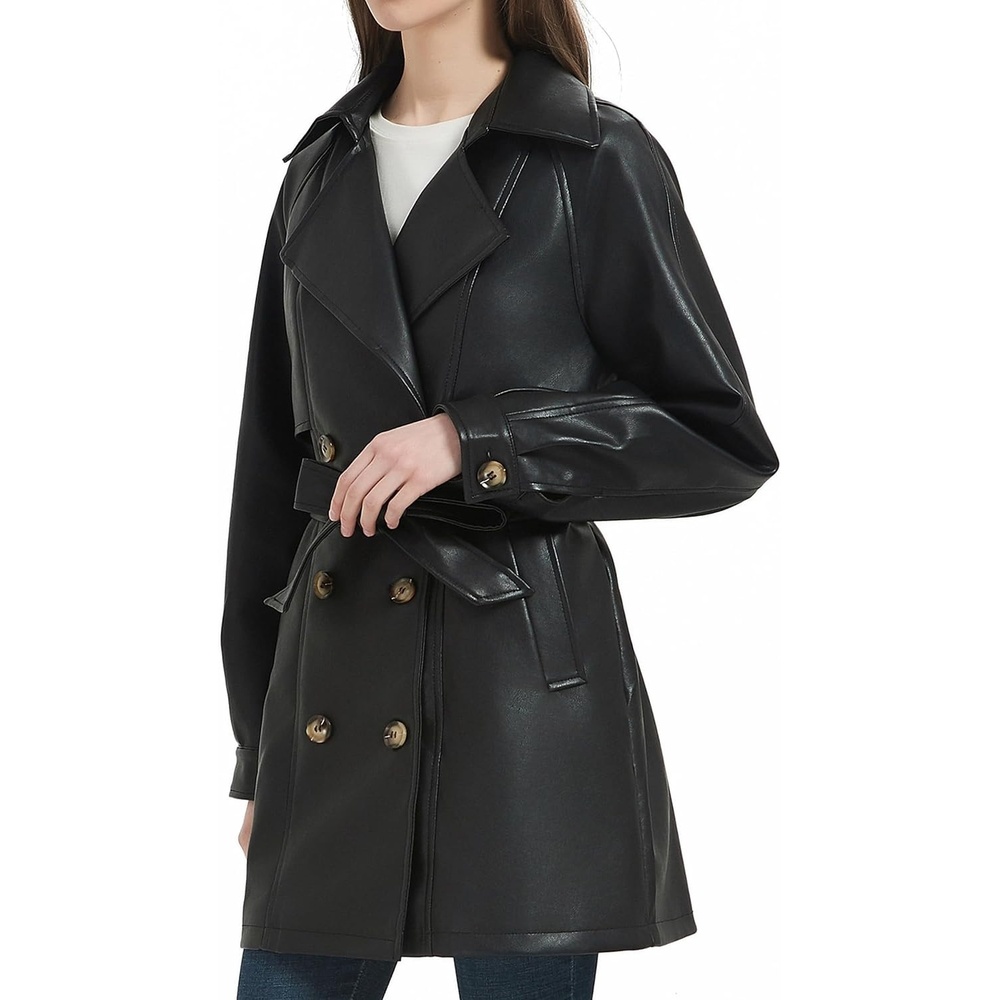 image:imageRISISSIDA Women Faux Leather Long JacketMid Length Trench CoatRelaxed Fit Double BreastedRemovable BeltLapelSoft Premium Vegan LeatherSpring Fall TransitionalBlackthigh Lengthdouble Breastedrelaxed