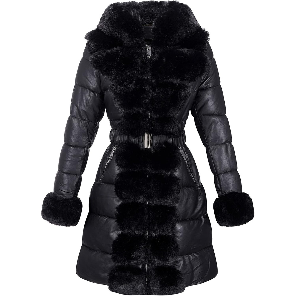 image:imageRISISSIDA Women Winter Puffer Leather Coat with Fur Trim Hooded ColdresistantFaux Fur Lined Long Quilted Puffy JacketWarm Collar Down Thicken Bubble Overcoat for Extreme WeatherGirdleBlack