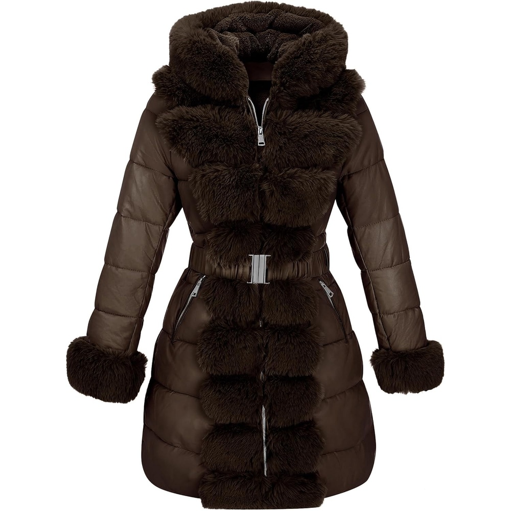 image:imageRISISSIDA Women Winter Puffer Leather Coat with Fur Trim Hooded ColdresistantFaux Fur Lined Long Quilted Puffy JacketWarm Collar Down Thicken Bubble Overcoat for Extreme WeatherGirdleBrown