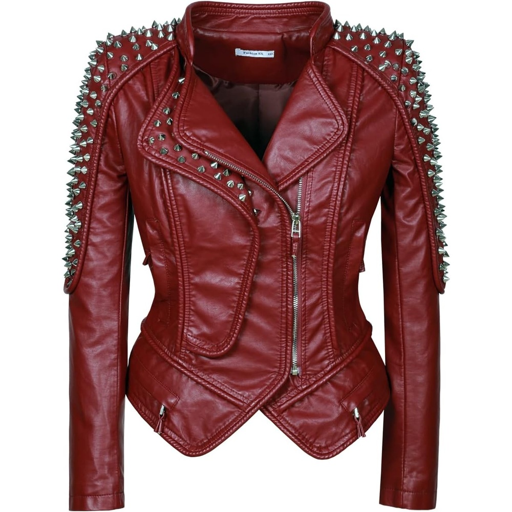 image:imageSX New Punk Rivet faux leather PU Jacket Women fashion Biker Jacket Black Slim Fit Streetwear CoatWine