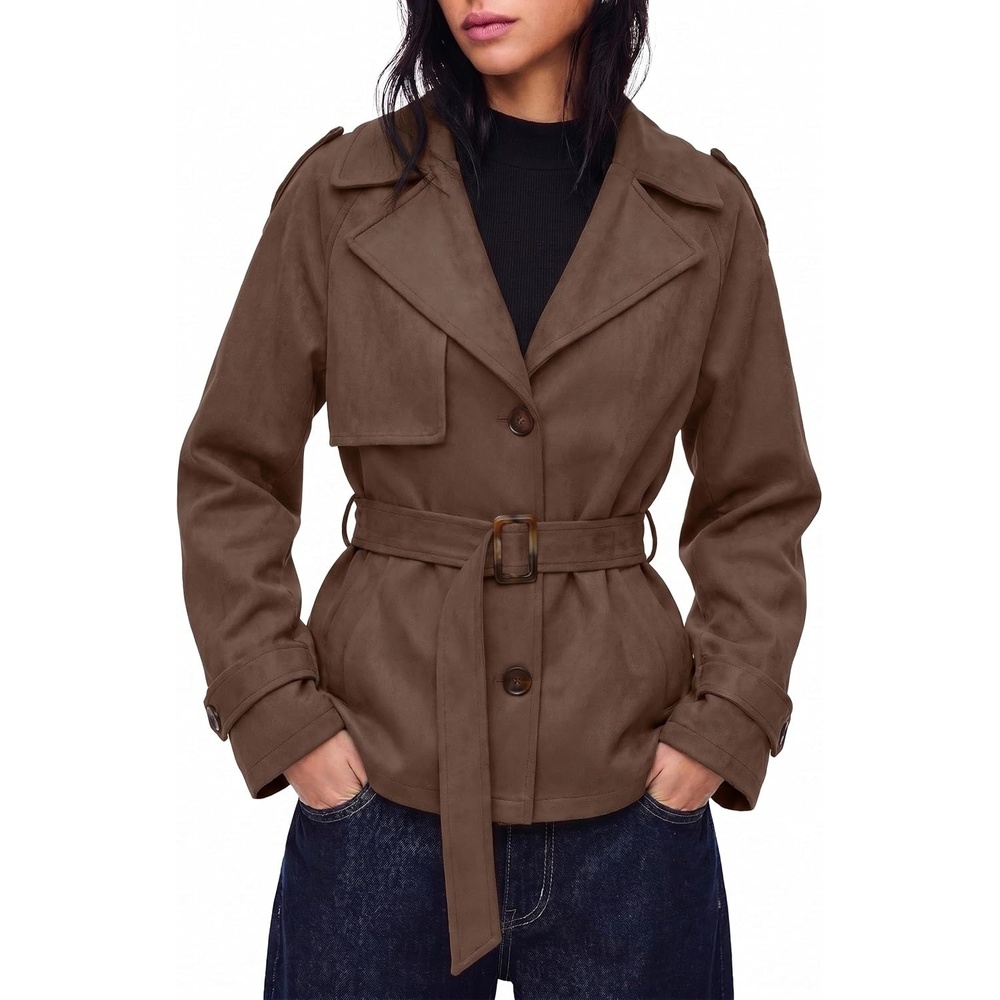 image:imageSimplee Womens Faux Suede Jacket Fall Short Trench Coat with Belt Long Sleeve Faux Leather Winter Casual Work Outerwear Lapel Collar Button Down Lightweight Wrinkleresistant PocketDark Brown