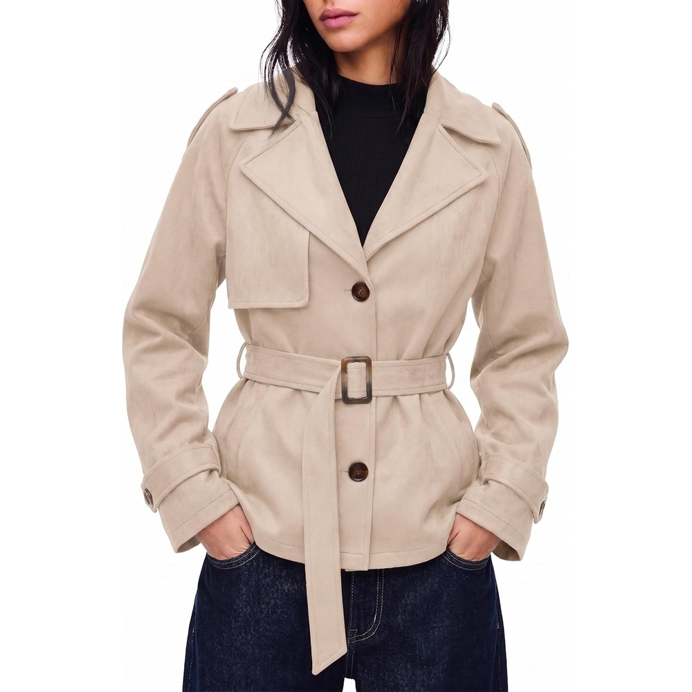 image:imageSimplee Womens Faux Suede Jacket Fall Short Trench Coat with Belt Long Sleeve Faux Leather Winter Casual Work Outerwear Lapel Collar Button Down Lightweight Wrinkleresistant PocketApricot