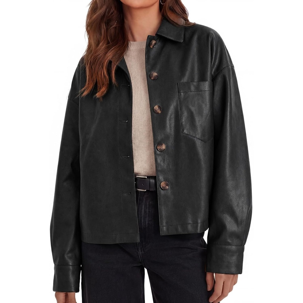 image:imageTankaneo Womens Collared Button Down Faux Leather Jackets Casual Outwear  LapelFlat Chest PocketLong SleevesFully LinedMotorcycle ShacketBomber JacketVintage CoatTrendyFall FashionBlack