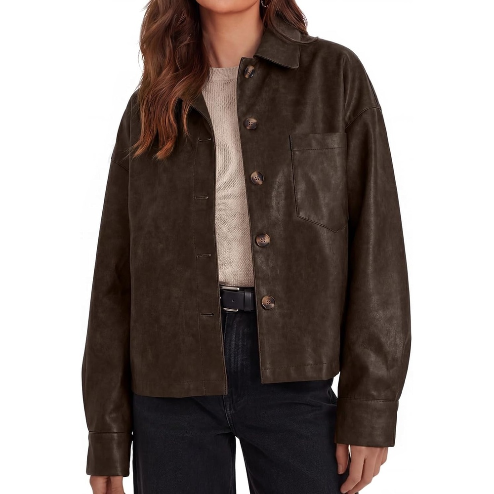 image:imageTankaneo Womens Collared Button Down Faux Leather Jackets Casual Outwear LapelFlat Chest PocketLong SleevesFully LinedMotorcycle ShacketBomber JacketVintage CoatTrendyFall FashionDark Brown