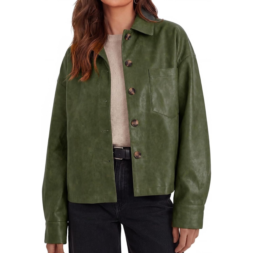 image:imageTankaneo Womens Collared Button Down Faux Leather Jackets Casual Outwear LapelFlat Chest PocketLong SleevesFully LinedMotorcycle ShacketBomber JacketVintage CoatTrendyFall FashionArmy Green