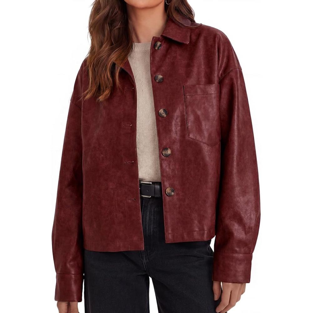 image:imageTankaneo Womens Collared Button Down Faux Leather Jackets Casual Outwear LapelFlat Chest PocketLong SleevesFully LinedMotorcycle ShacketBomber JacketVintage CoatTrendyFall FashionWine Red