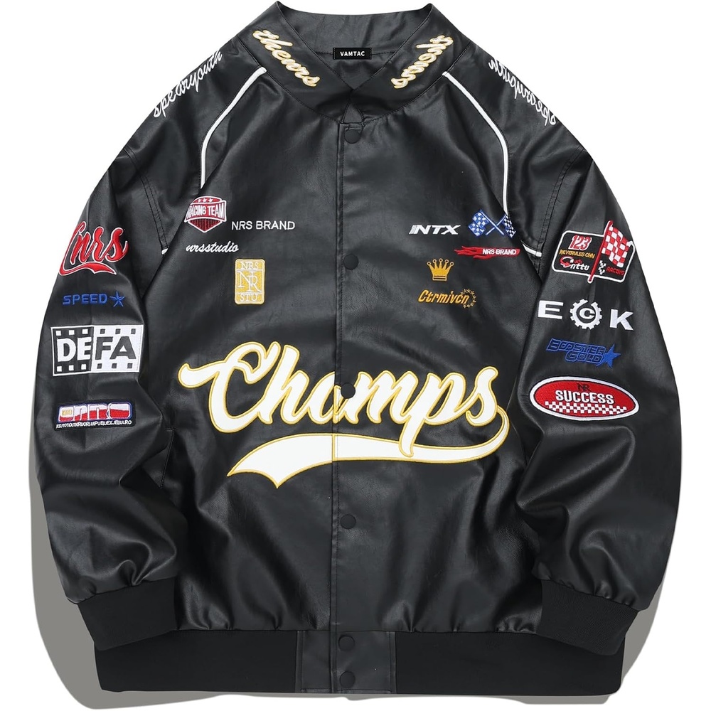 image:imageVamtac Faux Leather Motocross Jackets Oversized Vintage Racing Varsity Bomber Coat Men Trendy StreetwearBlack