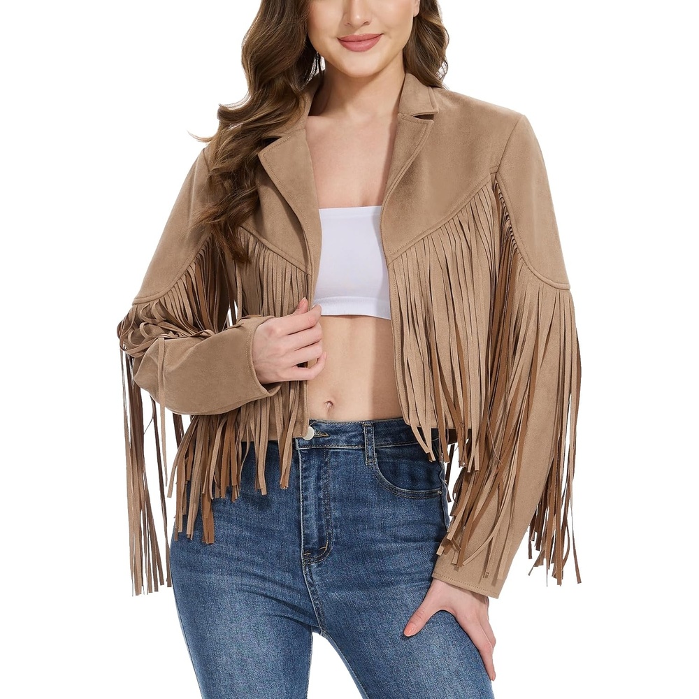 image:imageWomen Fringe Leather Jacket Faux Suede Cowgirl Outfits Boho Western Cropped Coat Country Concert WearCamel
