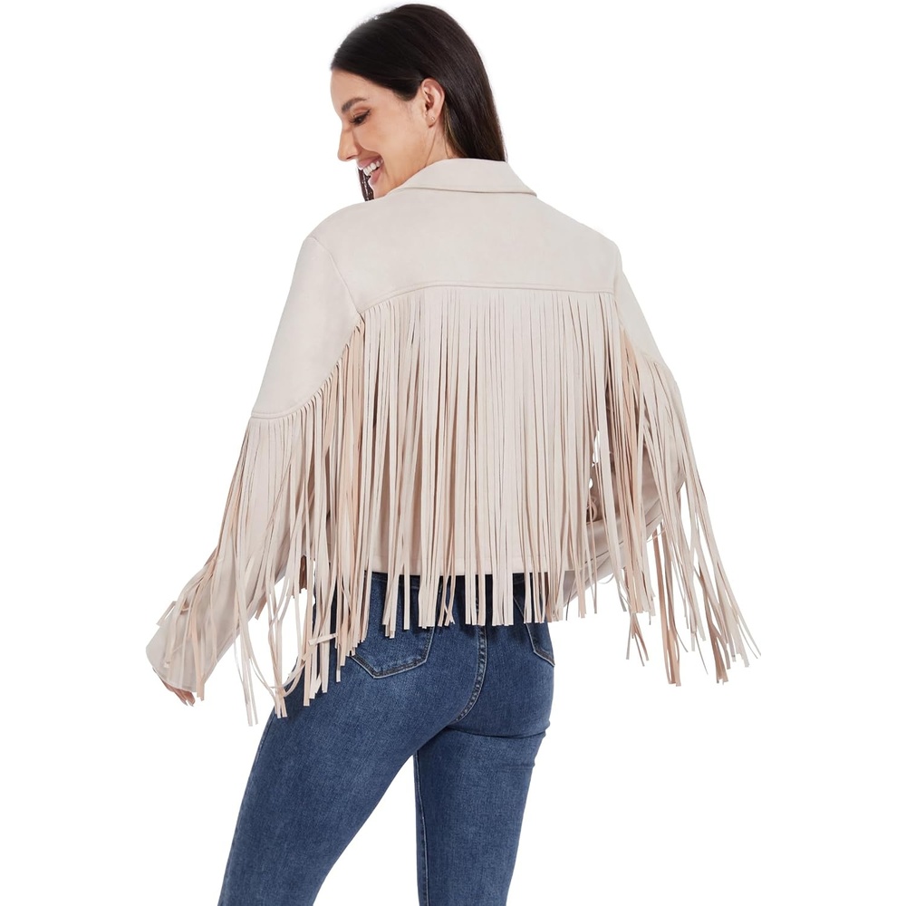 image:imageWomen Fringe Leather Jacket Faux Suede Cowgirl Outfits Boho Western Cropped Coat Country Concert WearWhite