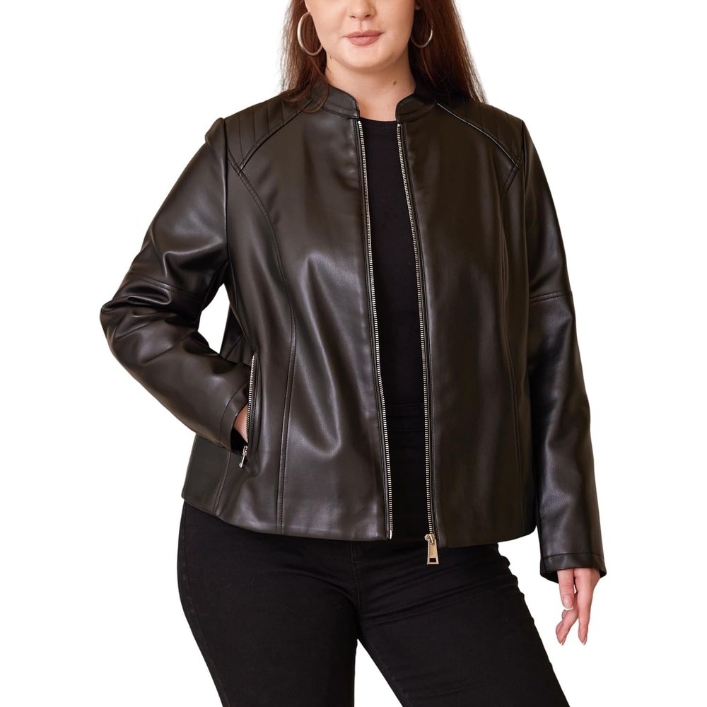 image:imageWomen Plus Size Faux Leather Jacket Oversized Motorcycle Biker Coat soft lightweight PU faux leatherstretch elastic roman sleevessnap lapelzipper pocketswindproof moto outerwearBlack 168