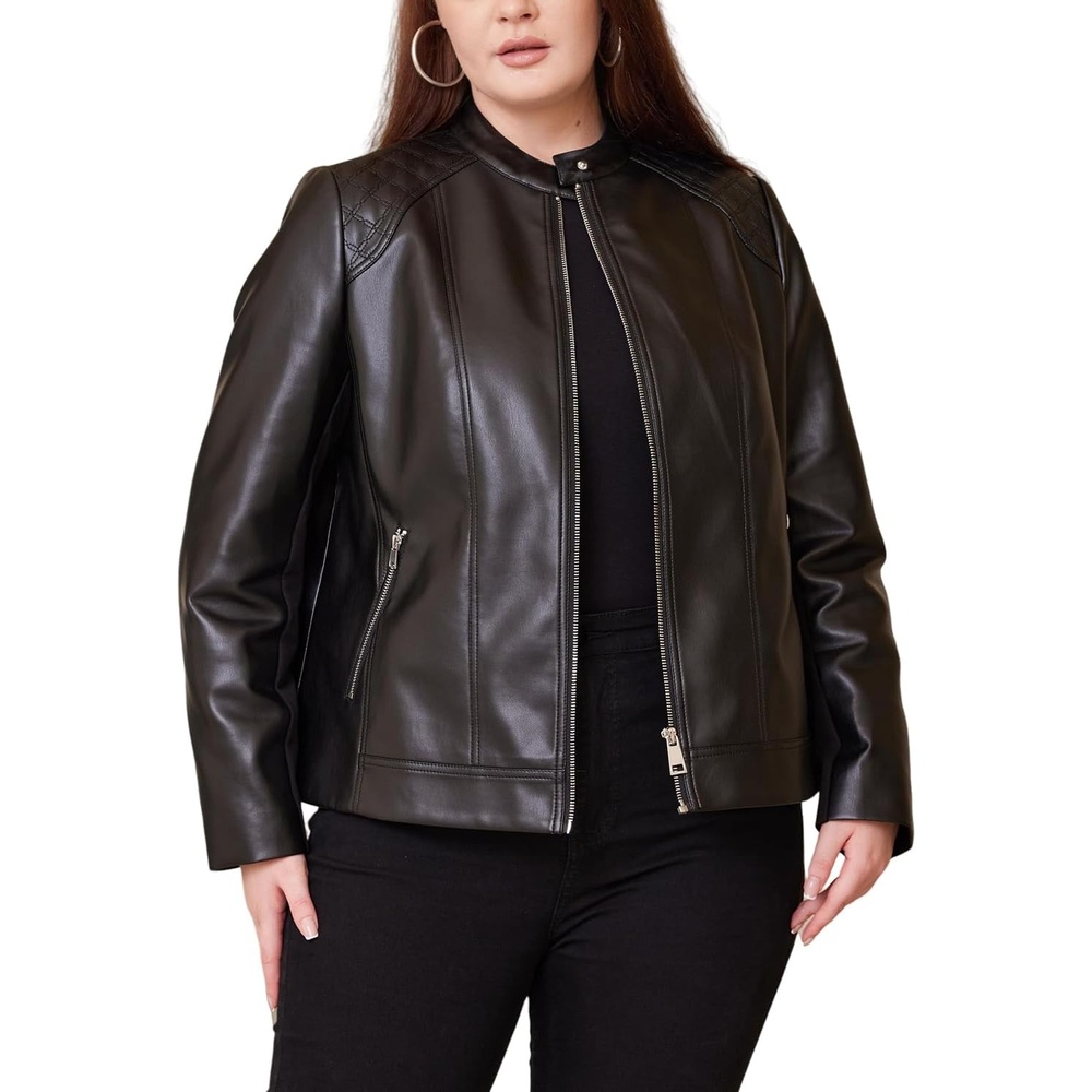 image:imageWomen Plus Size Faux Leather Jacket Oversized Motorcycle Biker Coat soft lightweight PU faux leatherstretch elastic roman sleevessnap lapelzipper pocketswindproof moto outerwearBlack 166