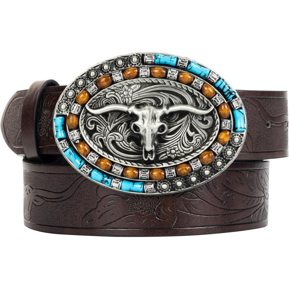 image:imageWomenWesternBelts Turquoise Oval Buckle CowboyLeatherBelt Dress Jeans western outfits belt faux leather floral embossed pattern adjustable fit belts for rodeos festivals country eventsCoffee