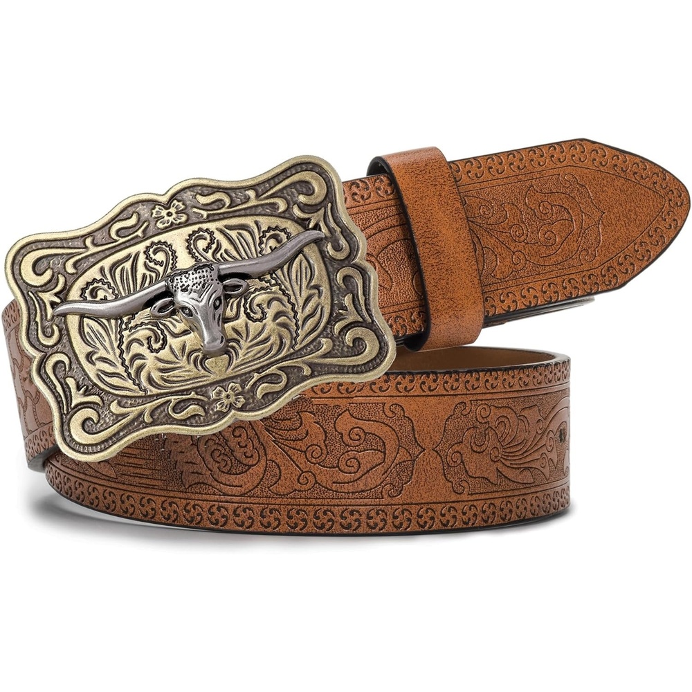 image:imageWomenWesternBelts Turquoise Oval Buckle CowboyLeatherBelt Dress Jeans western outfits belt faux leather floral embossed pattern adjustable fit belts for rodeos festivals country eventsBrown3