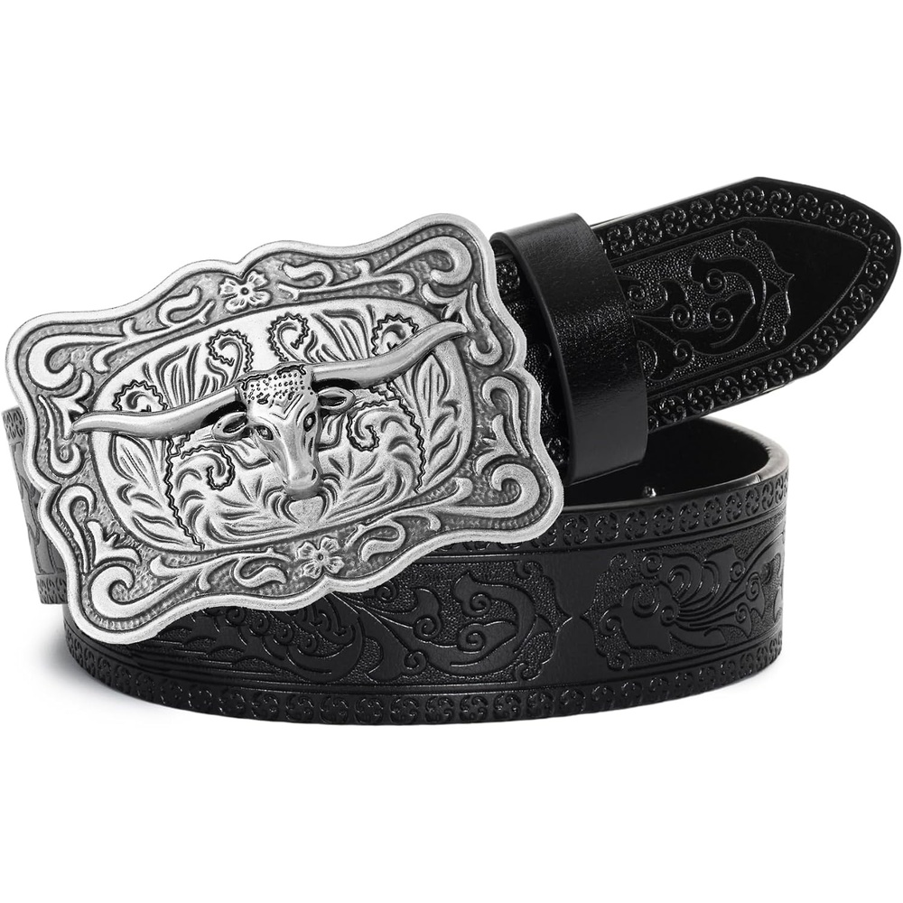 image:imageWomenWesternBelts Turquoise Oval Buckle CowboyLeatherBelt Dress Jeans western outfits belt faux leather floral embossed pattern adjustable fit belts for rodeos festivals country eventsBlack2