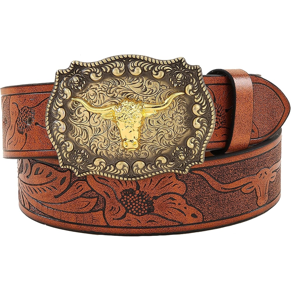 image:imageWomenWesternBelts Turquoise Oval Buckle CowboyLeatherBelt Dress Jeans western outfits belt faux leather floral embossed pattern adjustable fit belts for rodeos festivals country eventsBrown1