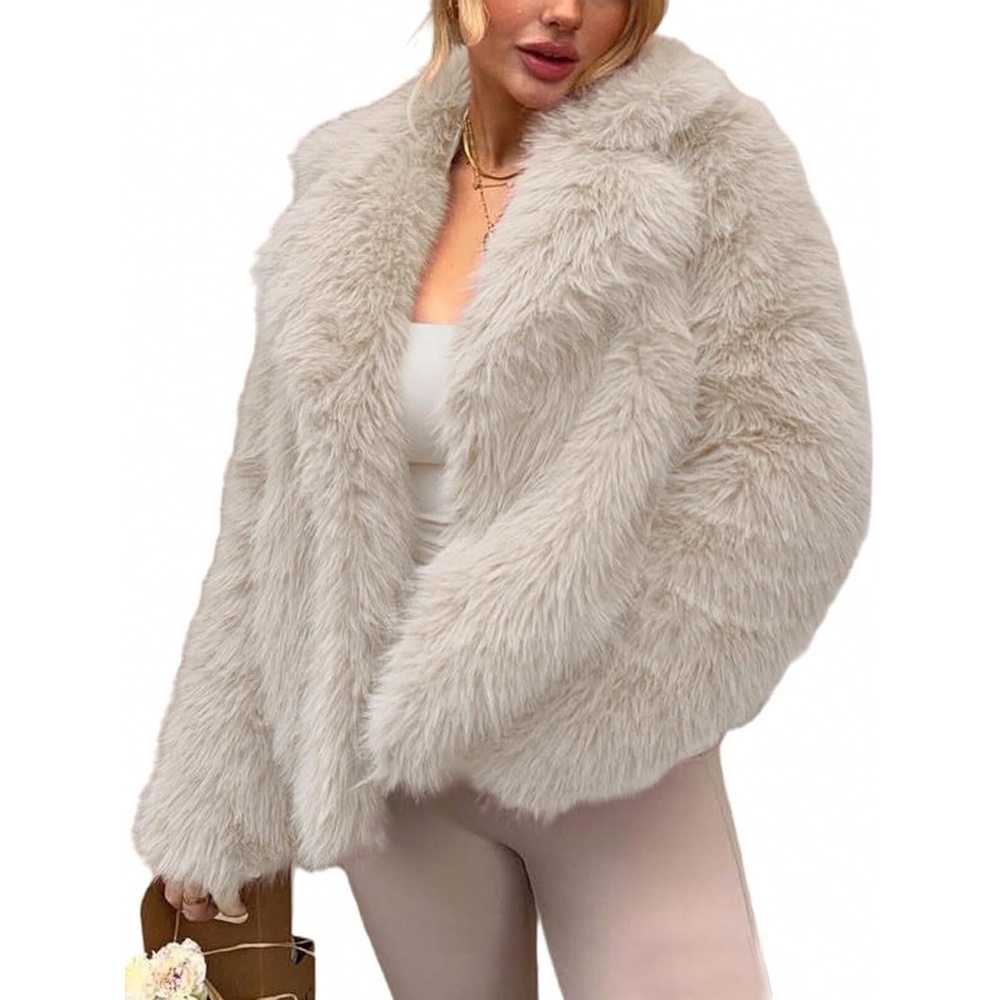 image:imageWomens Faux Fur Coat Lapel Winter Jacket Fluffy Shaggy Coats Faux FurSnap Buttonwith PocketsShort CoatWarmMachine WashableEco FriendlyCasualLuxuryWinter Coats for WomenApricot