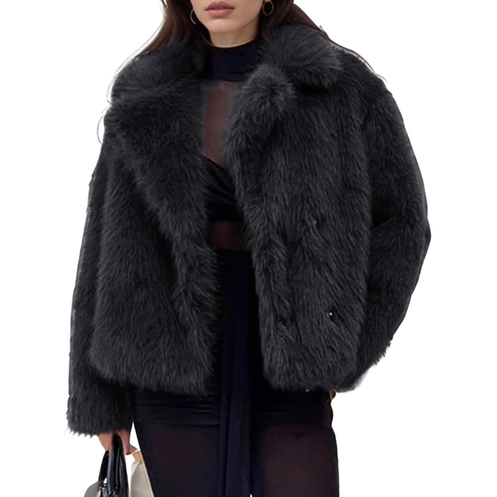 image:imageWomens Faux Fur Coat Lapel Winter Jacket Fluffy Shaggy Coats Faux FurSnap Buttonwith PocketsShort CoatWarmMachine WashableEco FriendlyCasualLuxuryWinter Coats for WomenFig